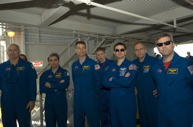 STS-122 mission crew during second day of Terminal Countdown Demonstration Test activities at NASA Kennedy Space Center, Florida