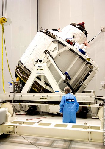 Jules Verne's Integrated Cargo Carrier is rotated to vertical in preparation for mating with the Propulsion Module