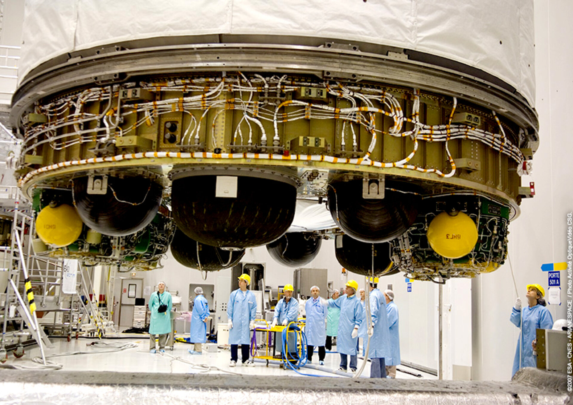 Jules Verne's Integrated Cargo Carrier is rotated to vertical in preparation for mating with the Propulsion Module