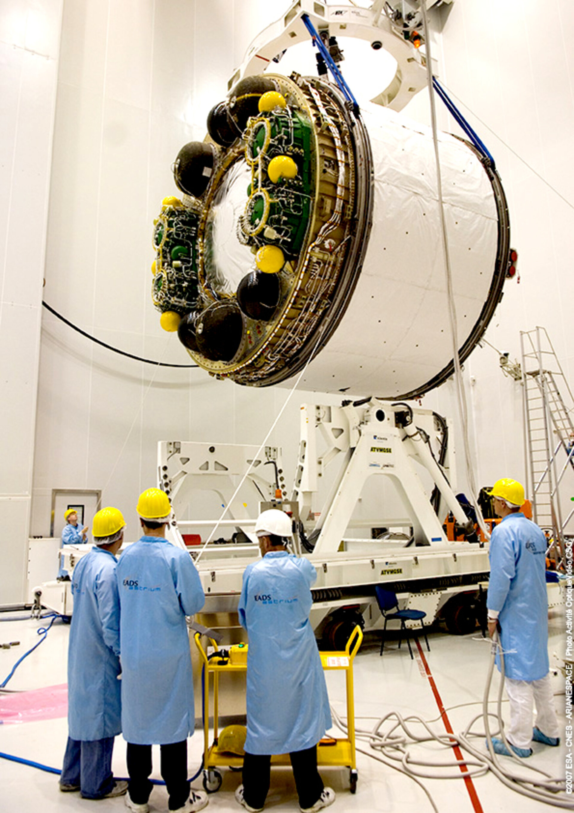 Jules Verne's Integrated Cargo Carrier is rotated to vertical in preparation for mating with the Propulsion Module