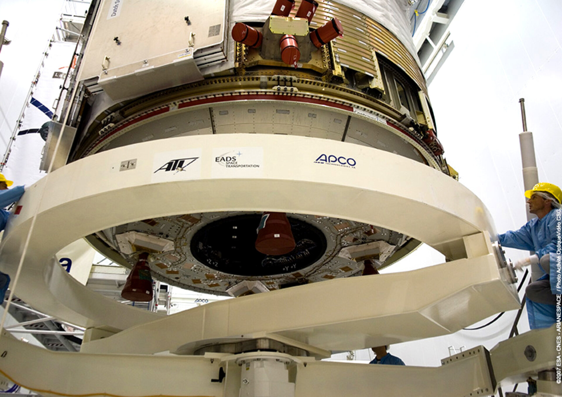 Jules Verne's Propulsion Module is lifted into position ahead of mating with the spacecraft's Integrated Cargo Carrier