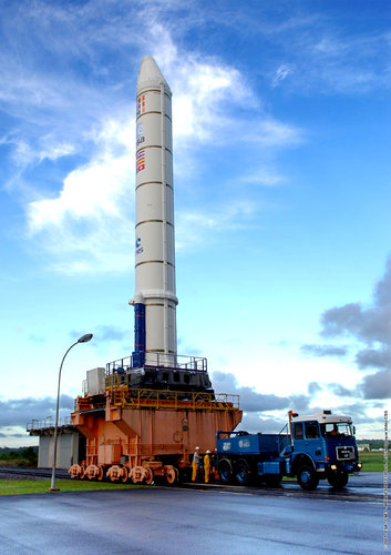 Solid rocket booster for Jules Verne's Ariane 5 ES launch vehicle is transported to the Launcher Integration Building