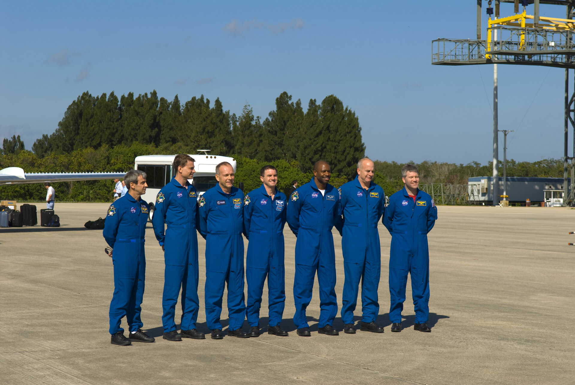 STS-122 crew arrives at NASA's Kennedy Space Center ahead of their Shuttle mission to deliver the European Columbus laboratory