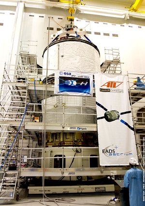 The two halves of the Jules Verne spacecraft are mated at Europe's Spaceport in Kourou, French Guiana