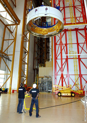 Engineers at Europe's Spaceport in Kourou, French Guiana, prepare the Ariane 5 ES ATV for the Jules Verne flight