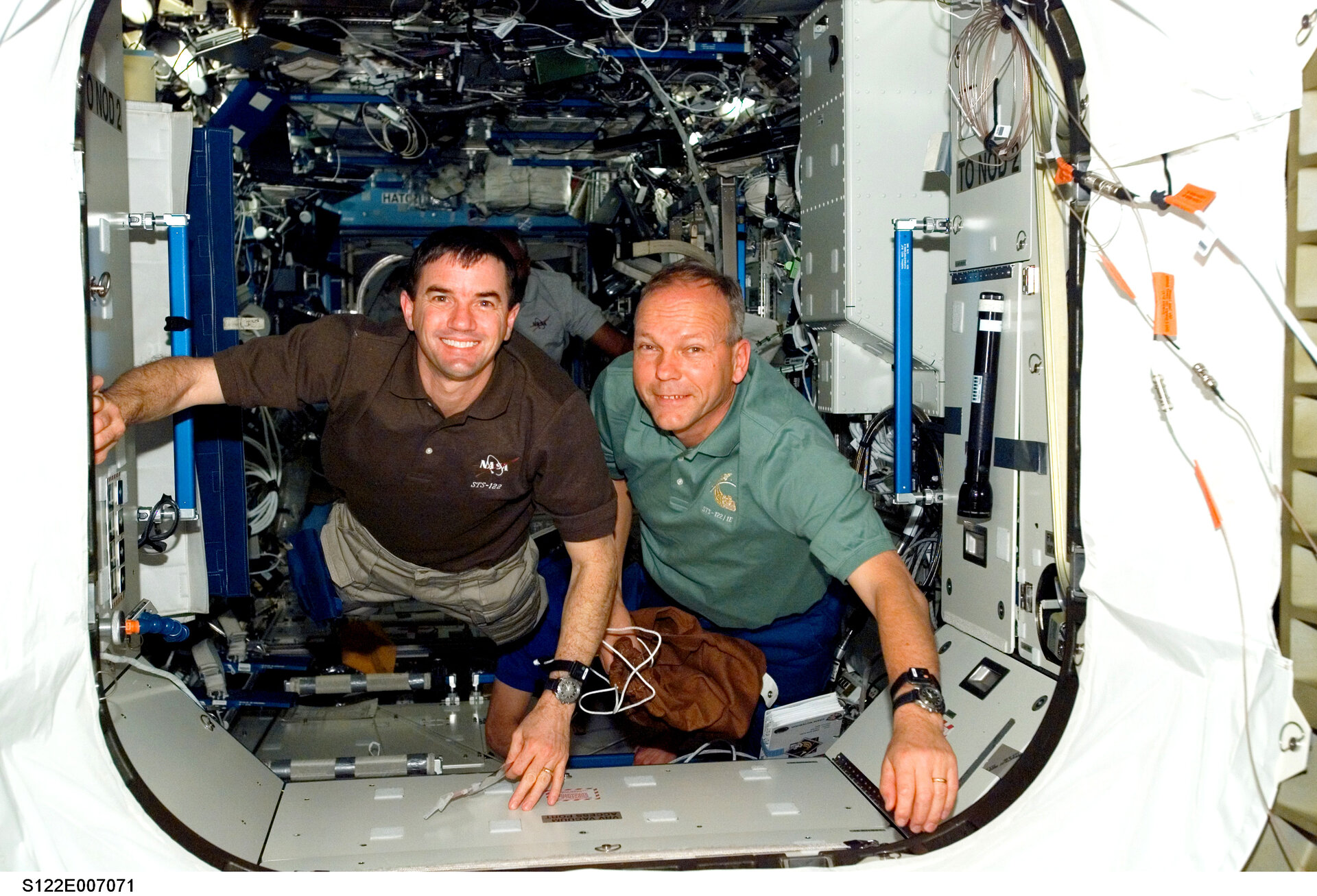 Hans Schlegel and Rex Walheim shortly after arrival at the International Space Station