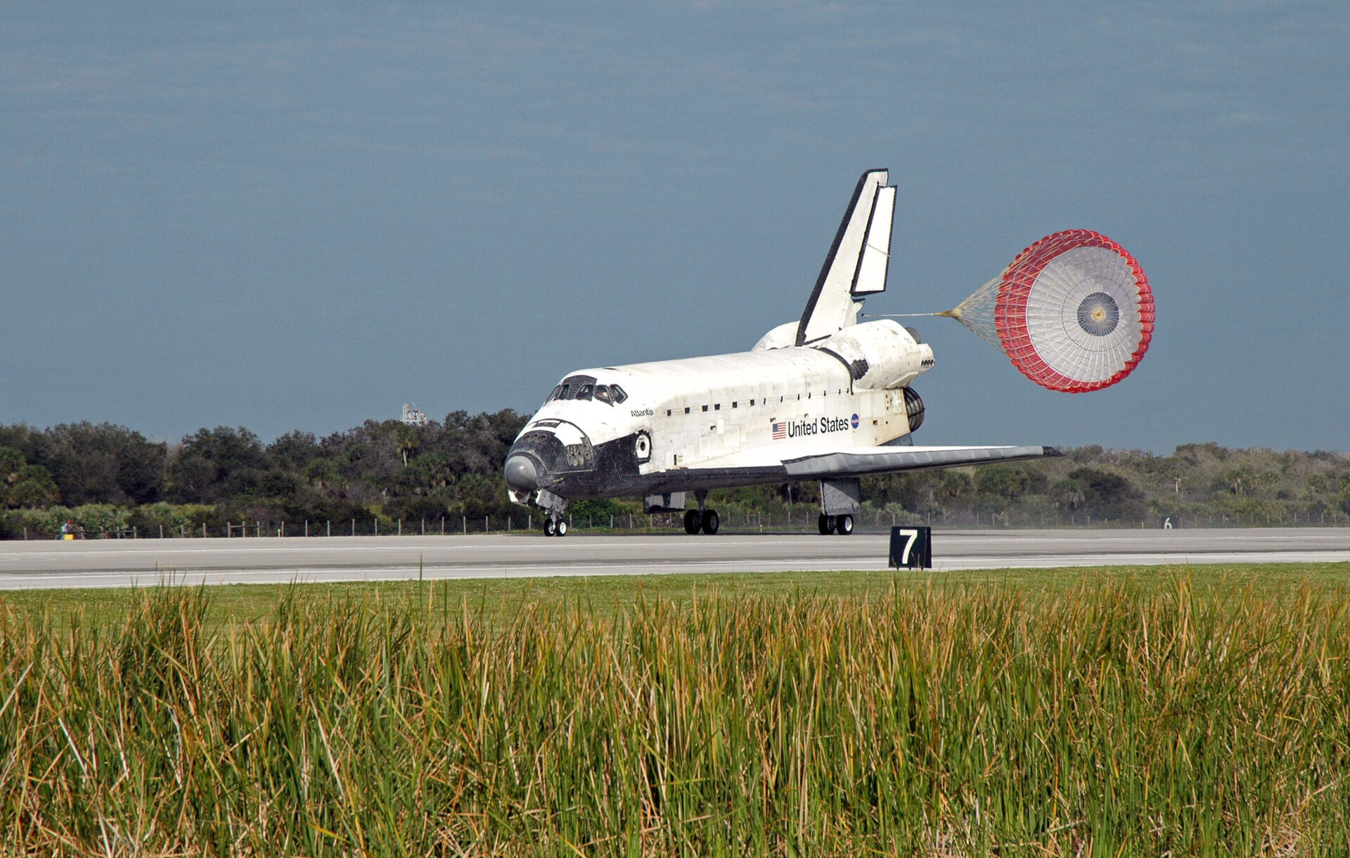 Space Shuttle Atlantis' drag chute is deployed