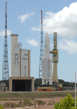 Ariane 5 is moved to the launch zone ahead of the V185 launch