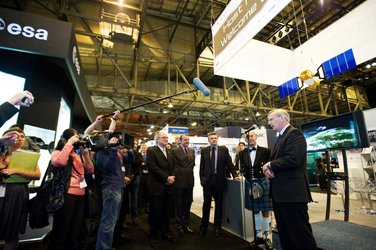 Prince Richard, Duke of Gloucester, addresses the media at the ESA stand during the inauguration of the exhibition at IAC 2008