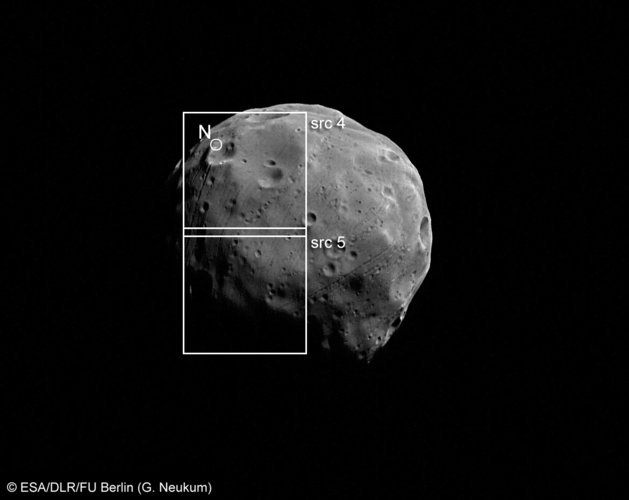 Image of Phobos with footprints of the Super Resolution Channel