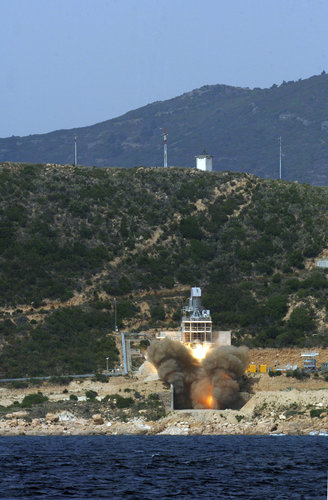 A test firing of the Zefiro 23 second-stage engine of ESA's Vega launcher in Sardinia