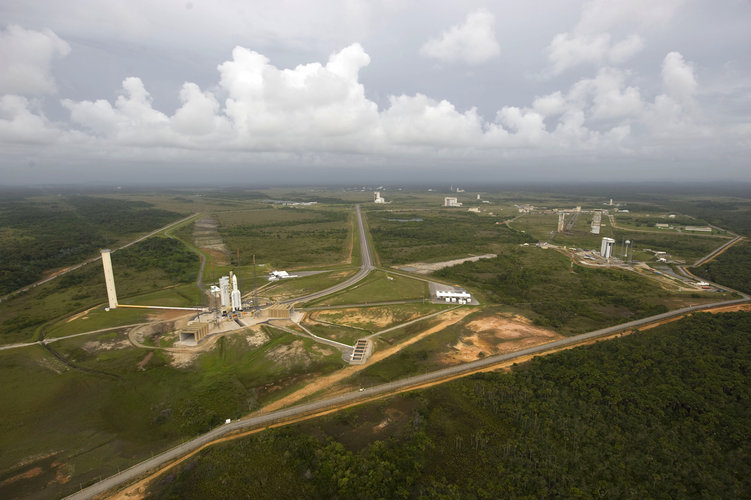 Aerial view of various launch complexes at Europe's Spaceport