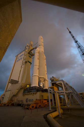 An Ariane 5 ECA launcher stands ready for flight