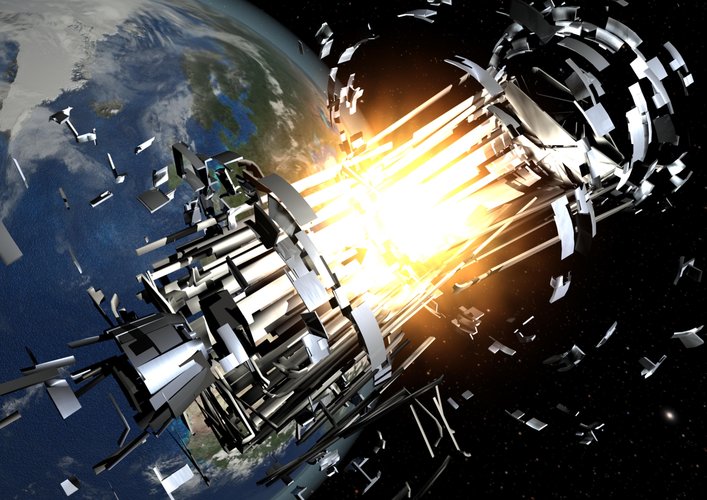 Artist impression of an upper-stage rocket explosion, producing debris