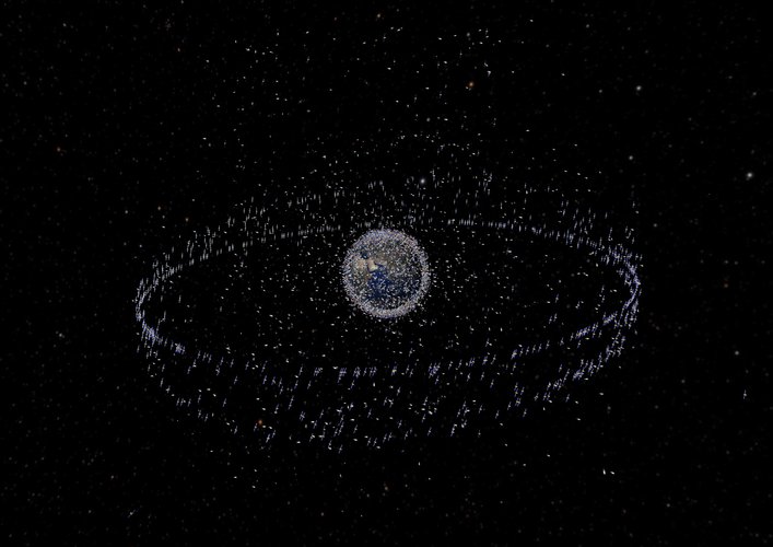 Spatial density of known satellites and objects around Earth