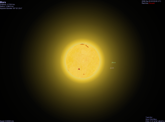 Generated view of Earth/Moon as seen from Mars - looking past the Sun