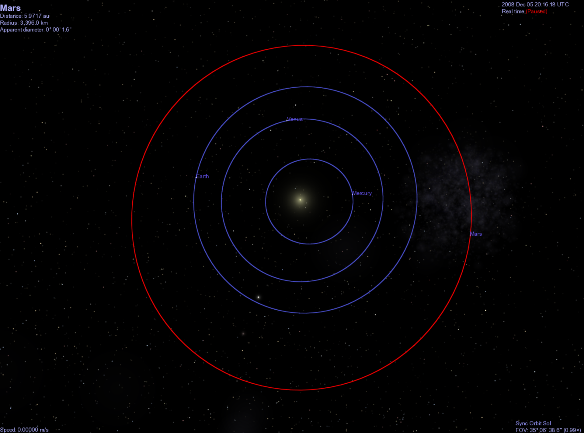 Generated view of Earth/Sun/Mars in conjunction as seen from above