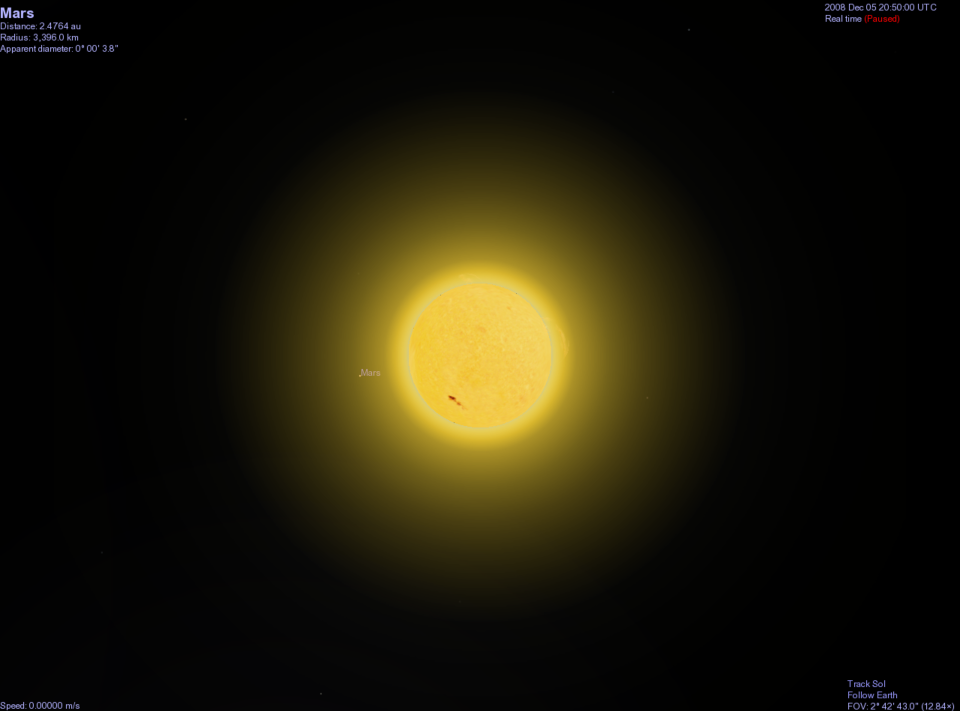 Generated view of Mars as seen from Earth - looking past the Sun