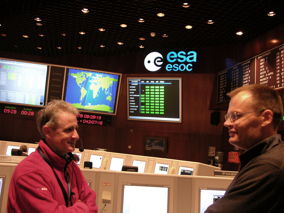 Deputy Flight Operations Director P. Ferri (L) & GOCE Mission Manager R. Floberghagen in Main Control Room