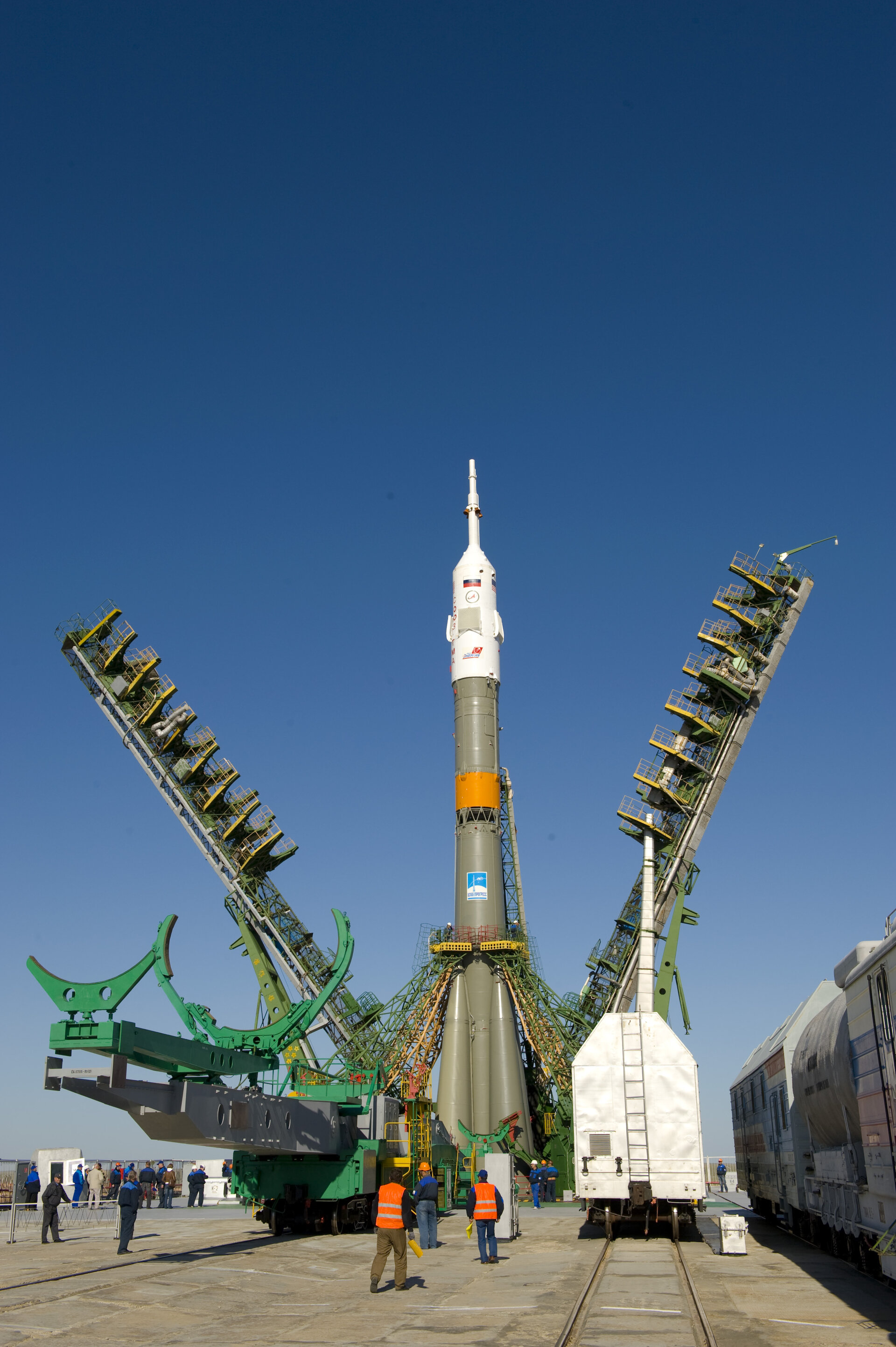 Soyuz launcher is erected on the launch pad