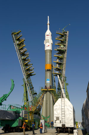 Soyuz launcher is erected on the launch pad