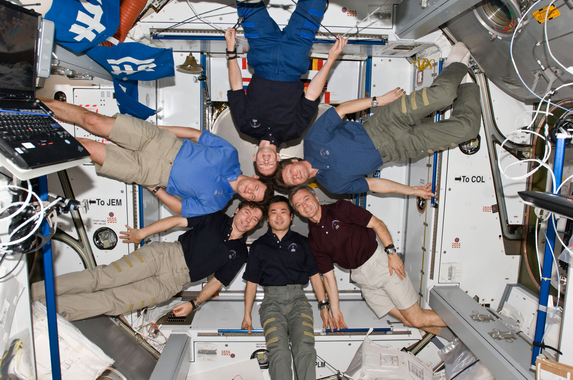 Een groepsfoto van ISS-expeditie 20 in de module Harmony