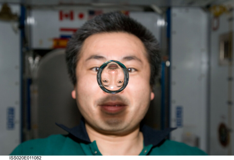 Le Japonais Koichi Wakata observe une goutte d'eau en lévitation à bord de l'ISS en 2009 