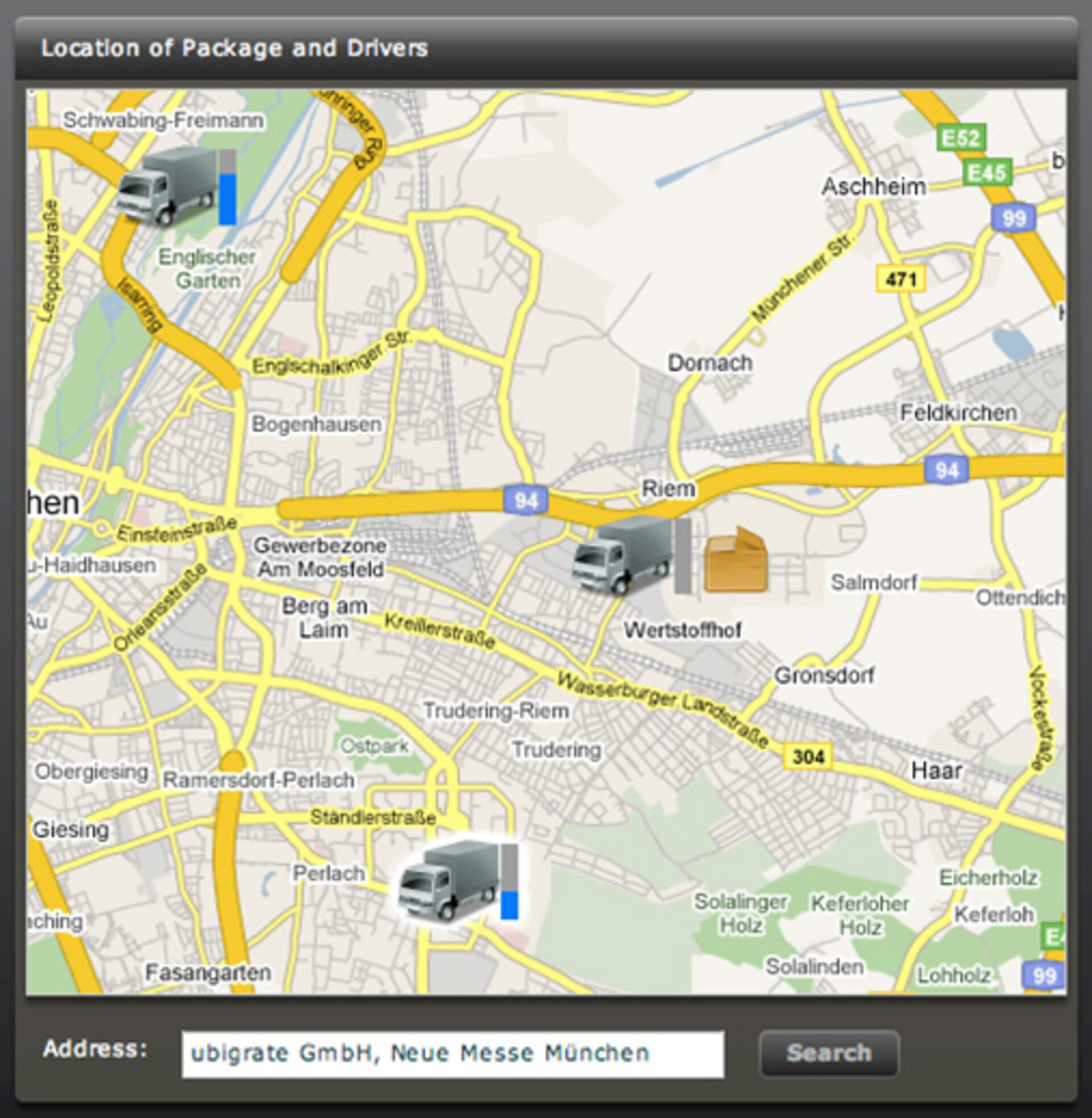 Transportation company's lorries on overview map