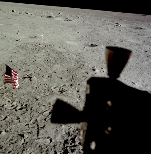 View out of Aldrin's window over the thrusters after the EVA