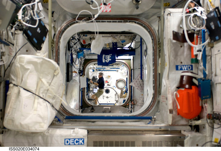 A view from inside the European Columbus laboratory into the Japanese Kibo laboratory