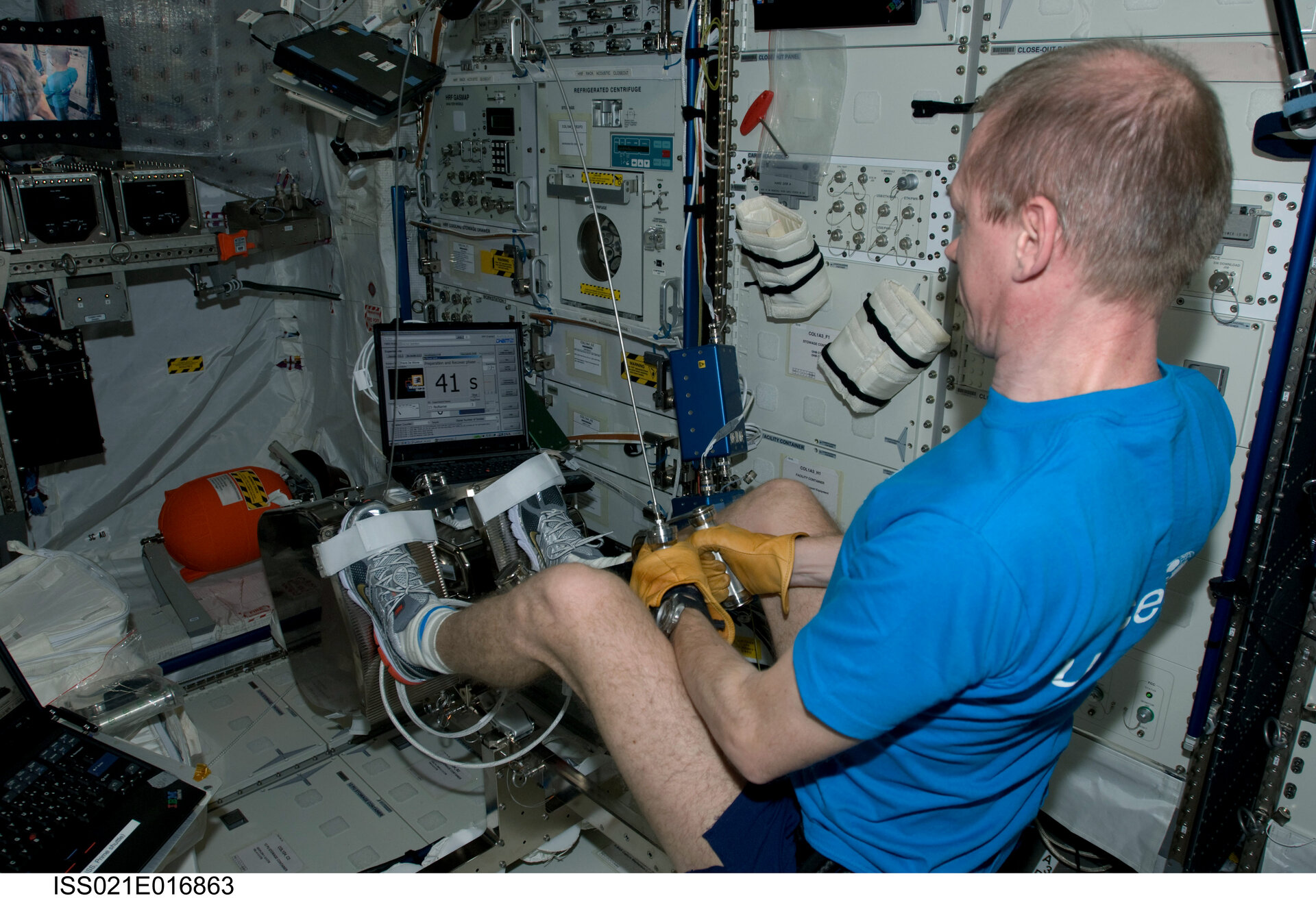 Frank De Winne performs checkout of the ESA Flywheel Exercise Device