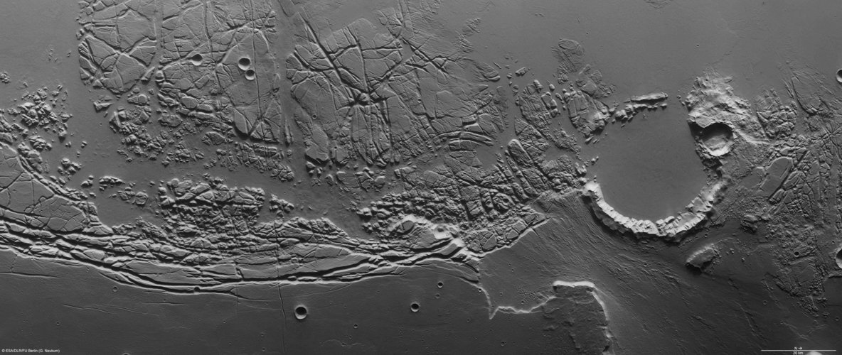 Nadir view of Kasei Valles and Sacra Fossae. North is to the right