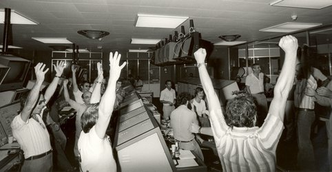 The launch control room erupts in jubilation as Ariane lifts off
