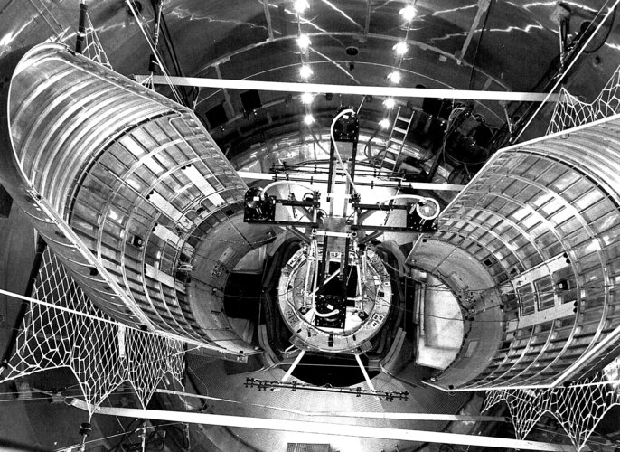 Inside an Ariane 4 payload fairing, 1978