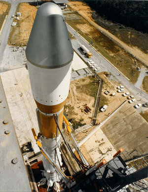 Spectacular view of Ariane from top of launch platform, 1979