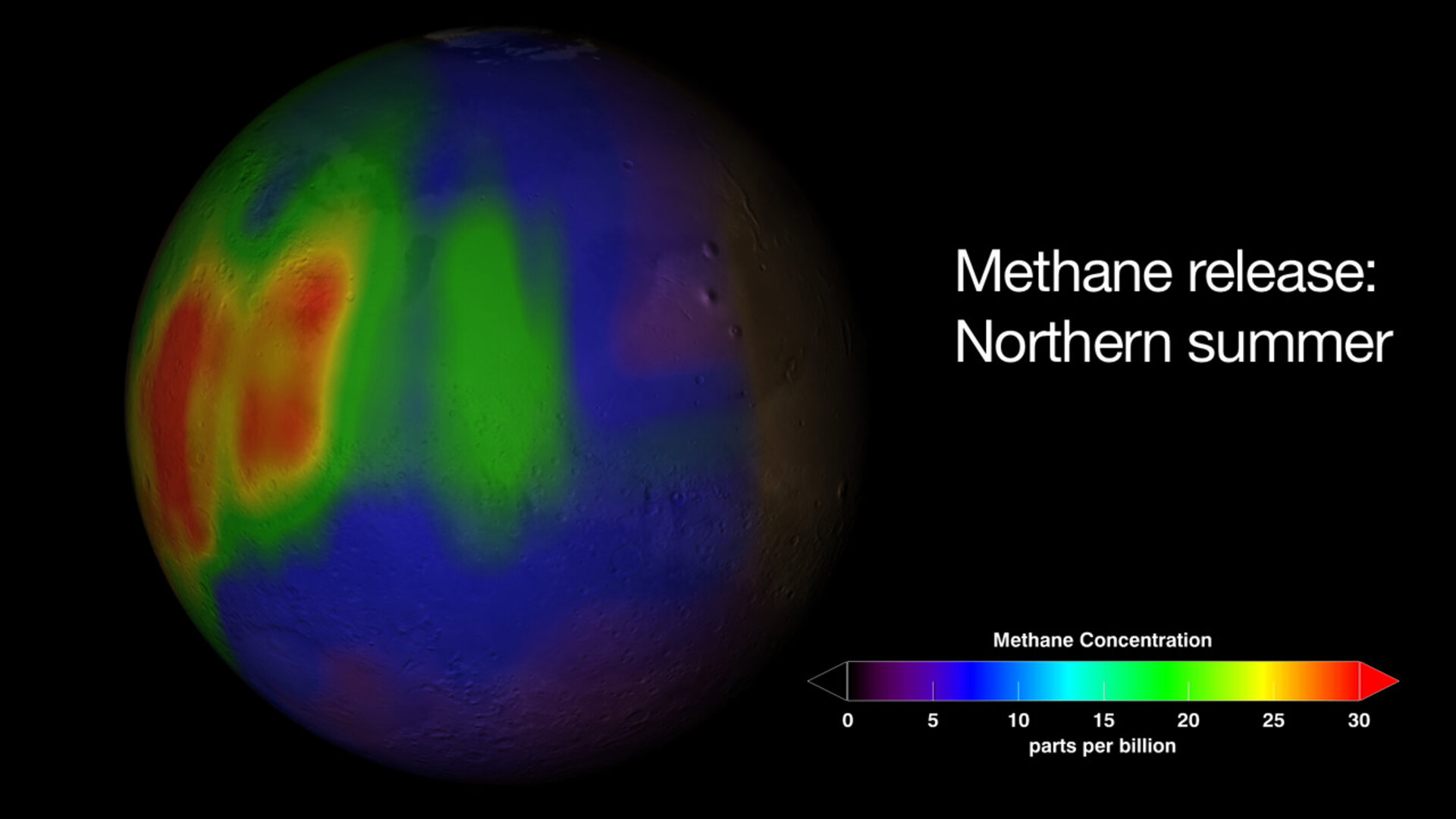 Concentrations of methane on Mars