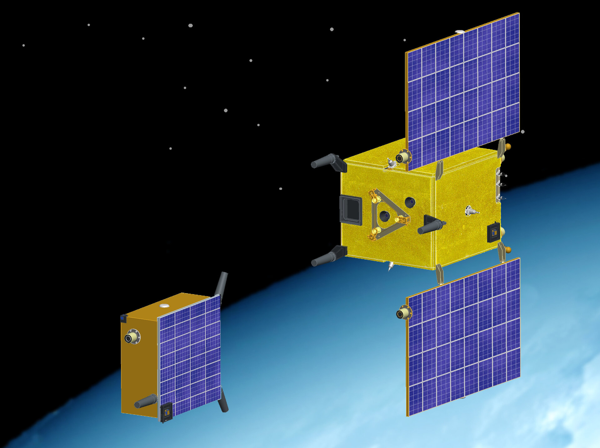 Die beiden Satelliten Mango und Tango der PRISMA-Mission im Formationsflug