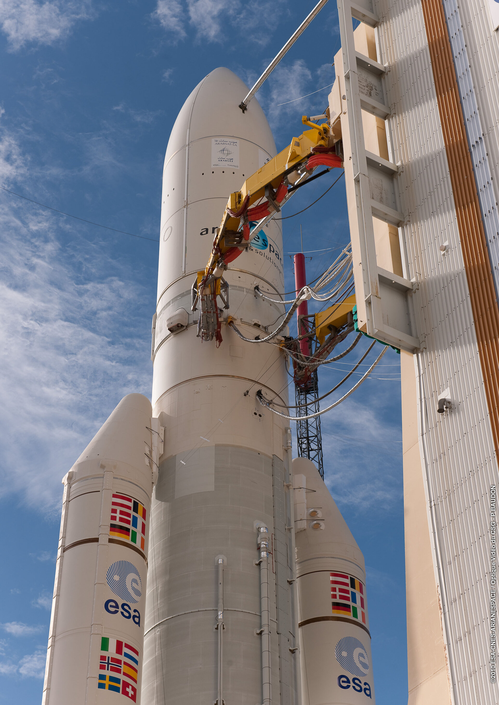 Ariane 5 flight V195 is poised for launch with Arabsat-5 and COMS