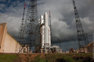 Ariane 5 flight V195 is poised for launch with Arabsat-5 and COMS
