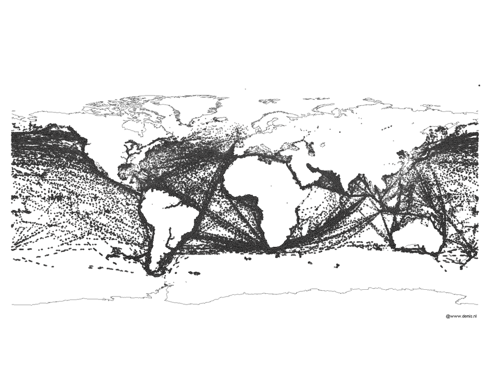 Ship routes plotted over time