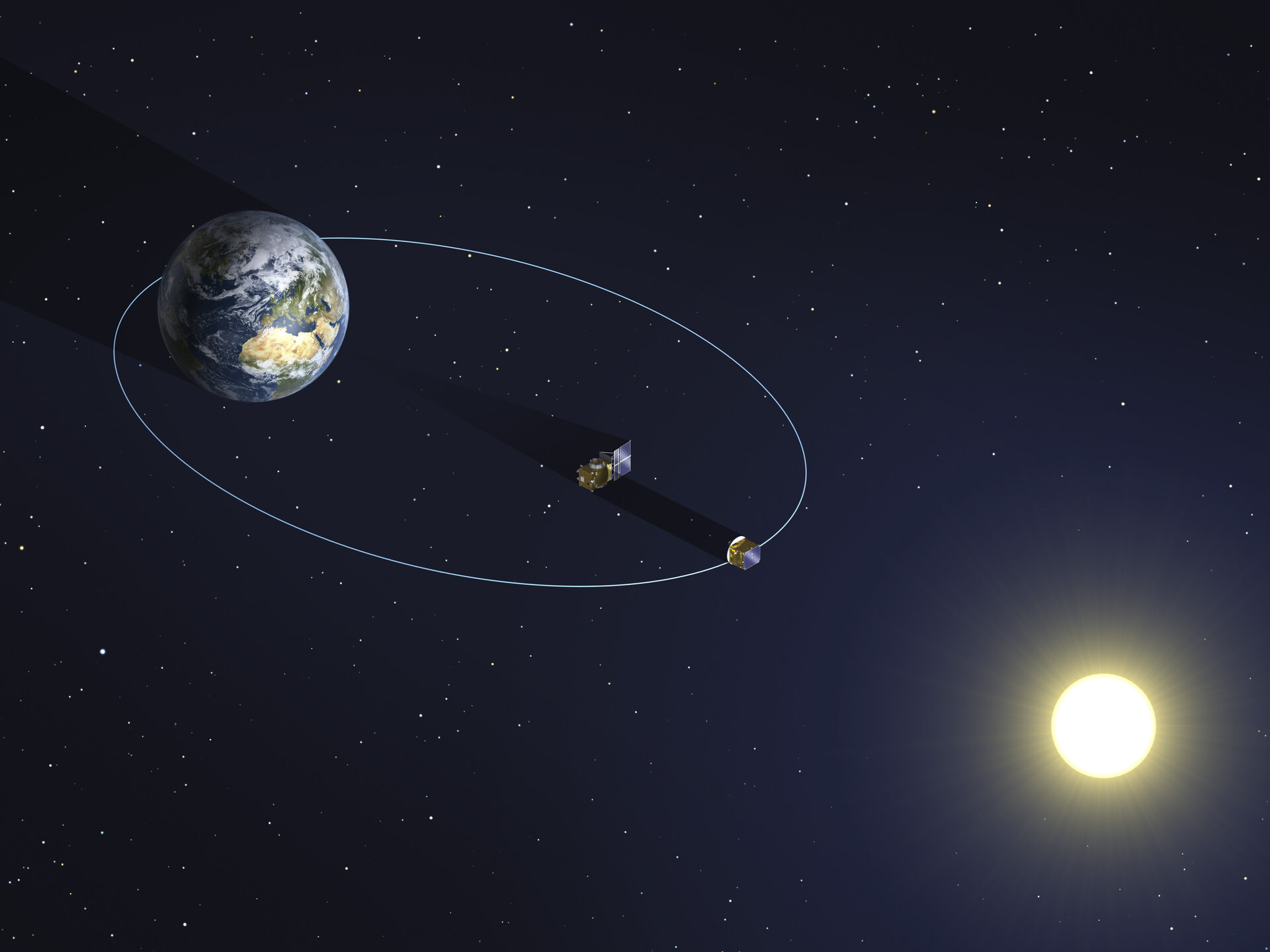 I satelliti Proba-3 accoppiati avranno un'orbita altamente ellittica con un apogeo di circa 60 000 km e un perigeo di 600 km. Le osservazioni del Coronagraph Spacecraft sono basate sulla formazione di un'eclissi artificiale tra i due satelliti e sugli esperimenti di volo in formazione attiva che si svolgono all'apogeo, mentre la formazione passiva si svolge mentre i satelliti ruotano più vicino alla Terra. Credits: ESA - P. Carril, 2013
