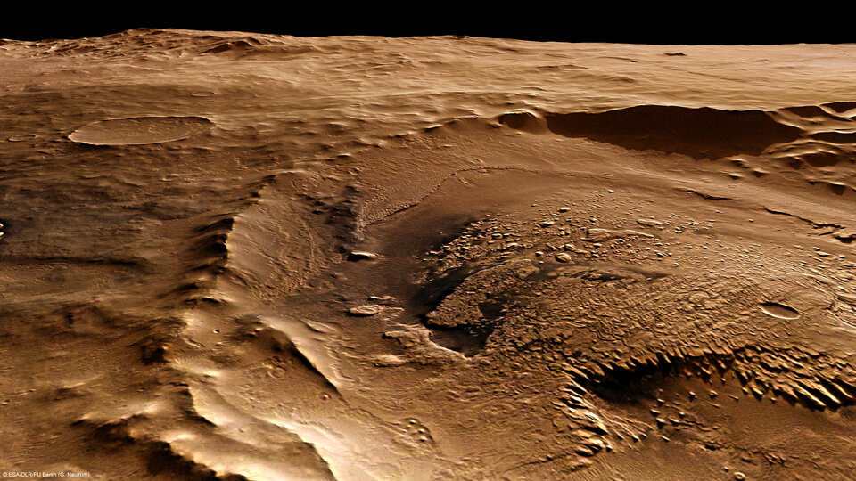 El cráter Schiaparelli, visto en perspectiva