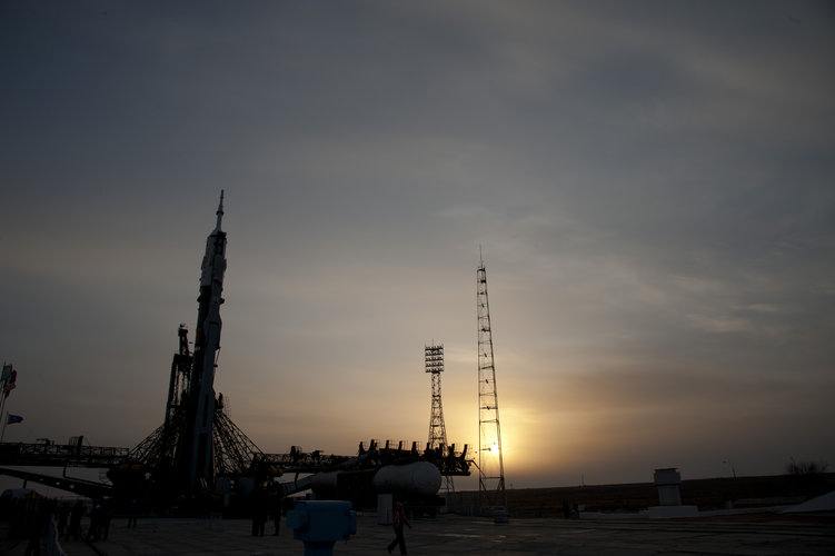 The Soyuz launcher is erected on the launch pad