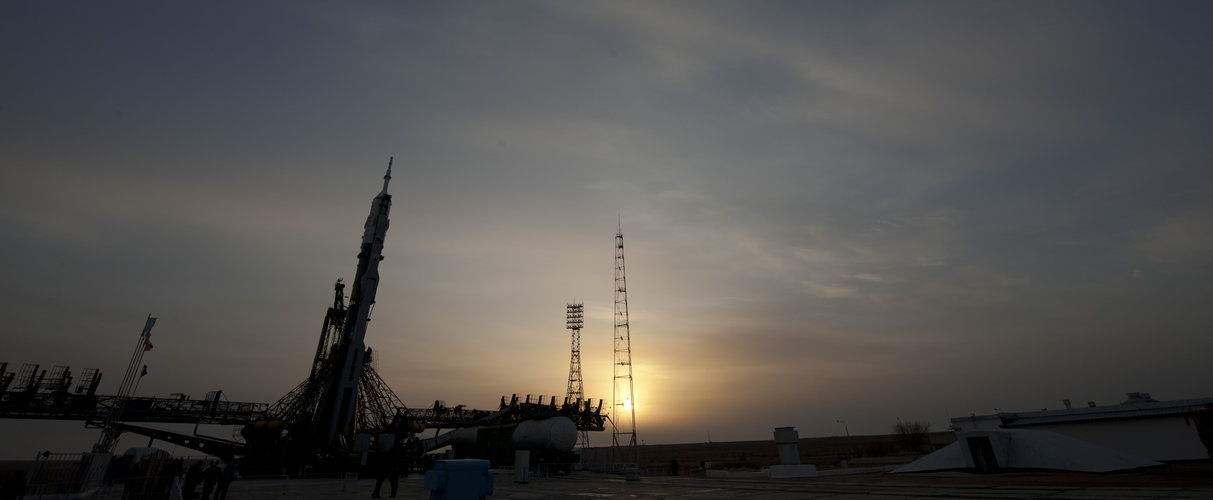 The Soyuz launcher is erected on the launch pad