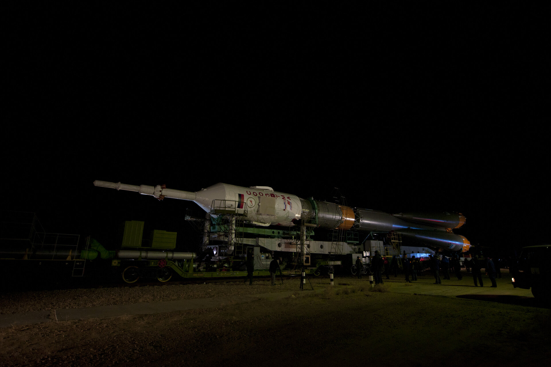 The Soyuz launcher is transfered to the launch pad