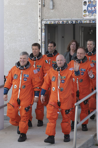 The STS-134 crew during simulated launch countdown exercise