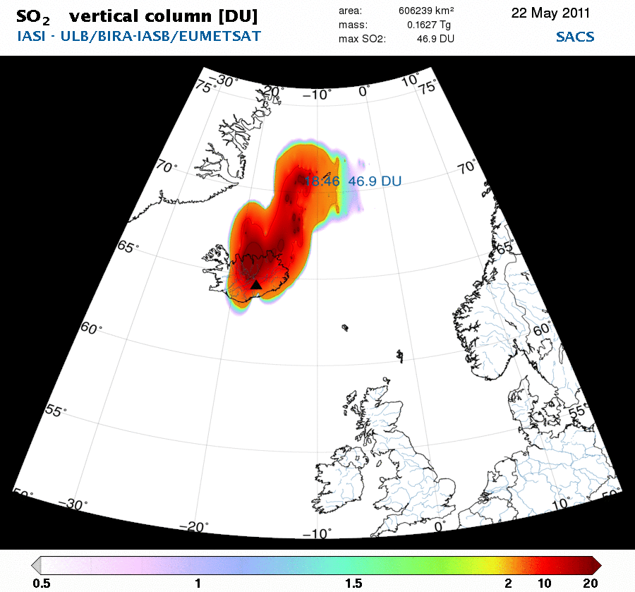 Emisiones de dióxido de azufre desde el volcán Grímsvötn