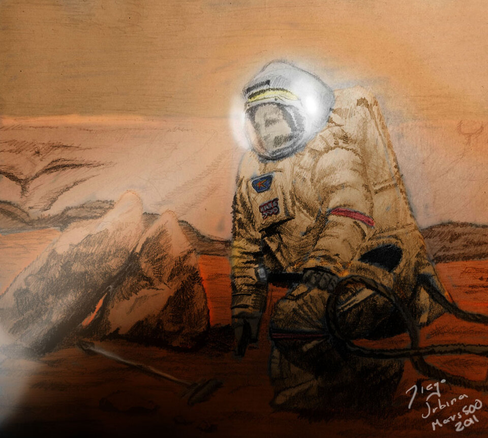 Sascha arbeitet auf der Oberfläche des Mars - Zeichnung von Diego.