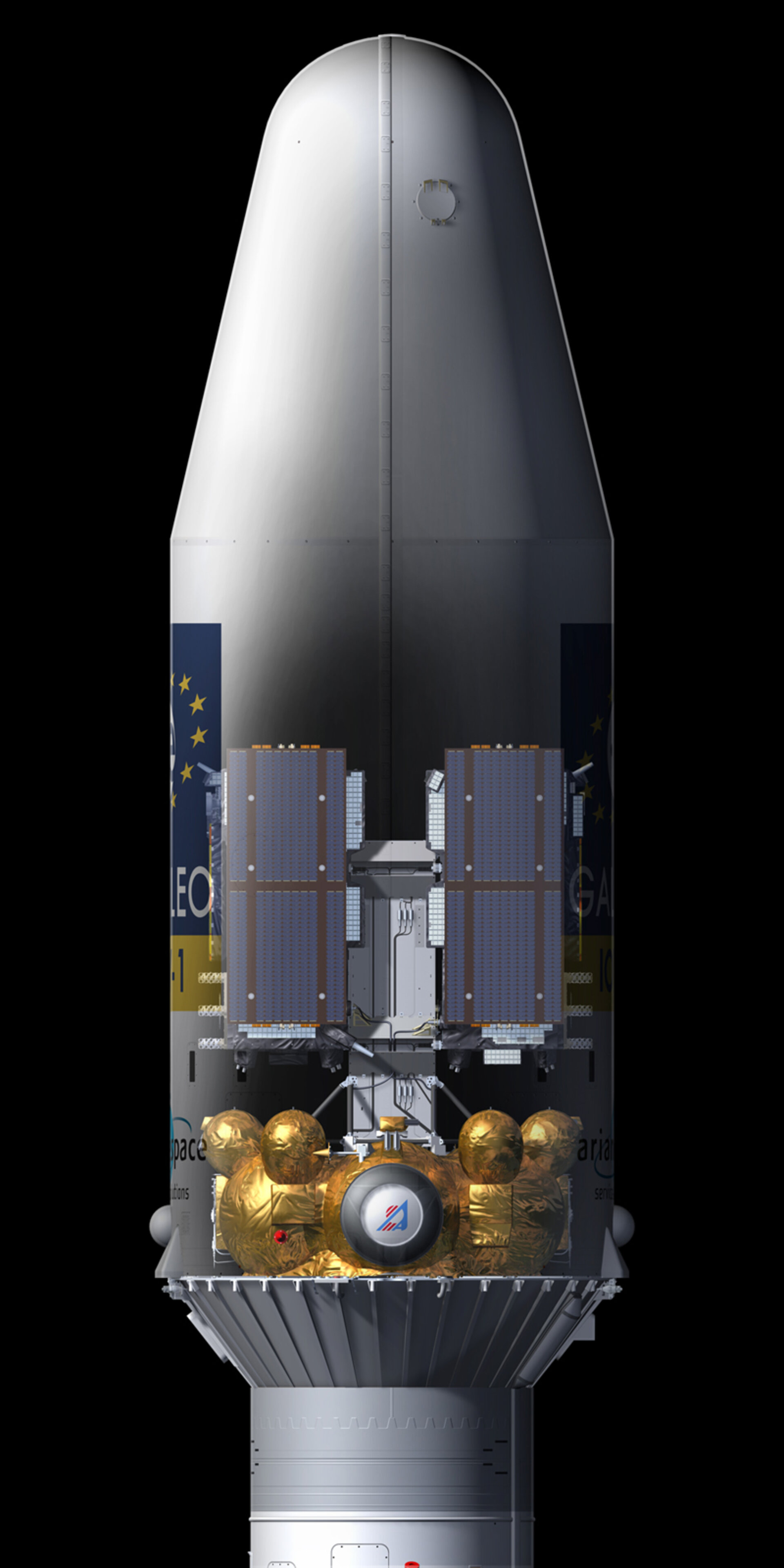 Galileo satellites and dispenser under fairing