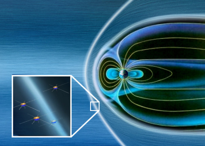 Cluster spacecraft encounter Earth's bow shock.